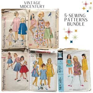 5 Piece Bundle Vintage 50s 60s Girls Sewing Patterns Dress Coat Sleep Modest
